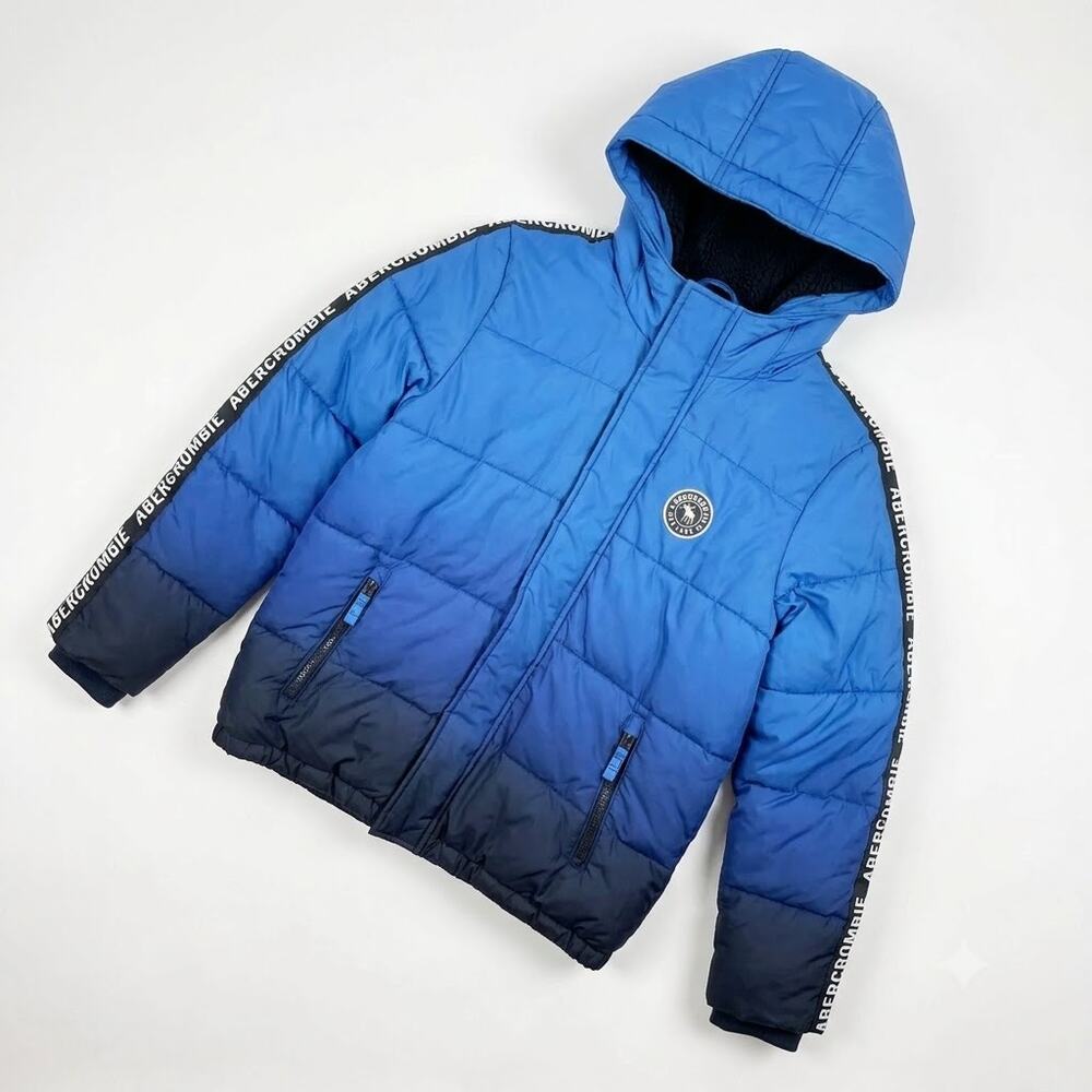 Abercrombie Kids Sherpa Lined Puffer Logo Stripe Jacket Blue Hooded Boys 15 16